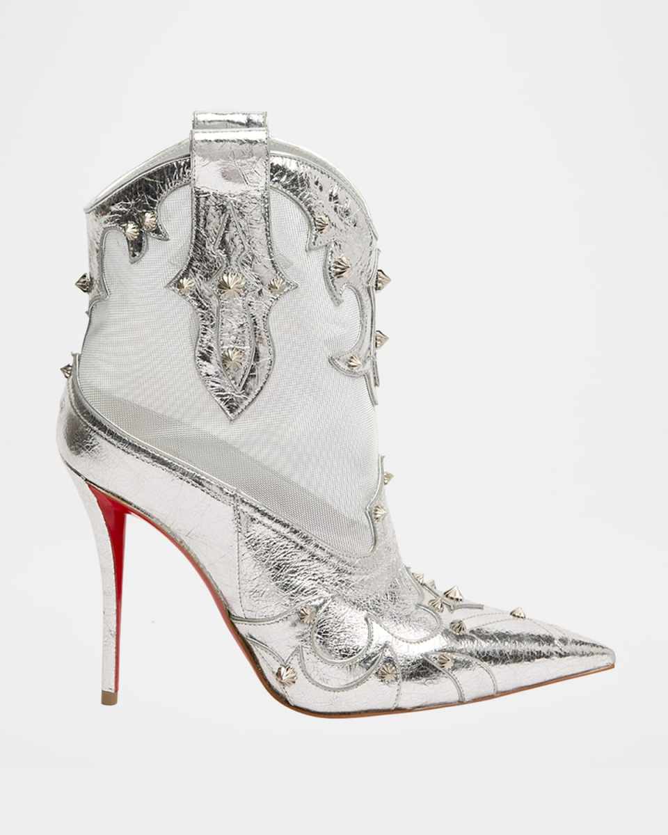 100mm Santia Spike Metallic Leather Western Booties